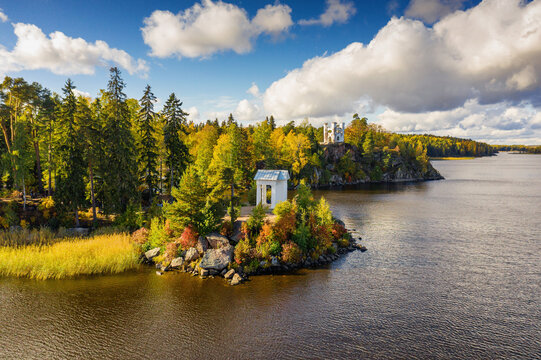 Vyborg, Monrepos Park, Ludwigsburg and the Temple of Neptune. Aerial view.