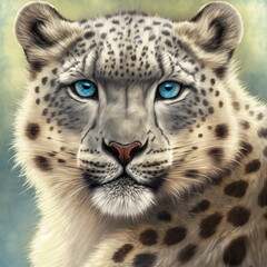 Beautiful snow leopard portrait. AI generated photorealistic illustration. Not based on original images, characters or people
