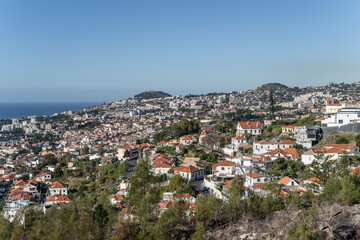 Obraz premium aerial cityscape of historical hilly town on Atlantic ocean, Funchal, Madeira