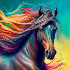 Obraz na płótnie Canvas Stunning colourful fine art. Gorgeous horse with flowing mane. Generated by Ai, is not based on any original image, character or person