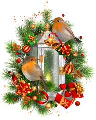 Christmas, New Year's holiday background, bright bird bullfinch sits on a fir branch, pine trees near a decorative lantern, fir branches, pine trees, golden decorations, isolated, 3d rendering