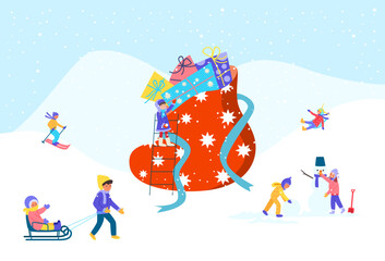 Cheerful happy kid play outdoor winter area, concept tiny young character children playground flat vector illustration, isolated on white.