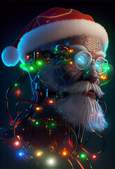 Futuristic cyborg Santa Claus wearing on a VR goggle.