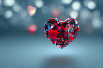 Glass heart on a shiny bokeh background. 2d illustration