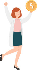 Paramedic or doctor or nurse woman in physician gown raised hand with coins