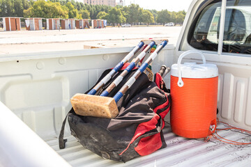 cricket sports equipment in the back of a truck