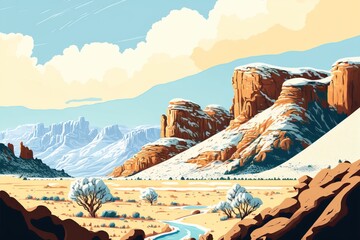 Desert valley landscape covered in snow, towering sandstone rock formation cliffs, distant mountains and cold winter clouds - Generative Ai