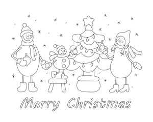 A cheerful family of snowmen decorate the Christmas tree with toys. Cute winter characters for postcards, banners, coloring pages. Winter symbol. Vector illustration in a doodle style.