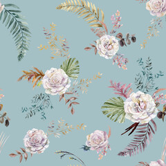 Watercolor vintage seamless pattern with flowers of white roses and tropical palm leaves