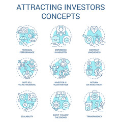 Attracting investors concept turquoise icons set. Involve funding. Startup traits idea thin line color illustrations. Isolated symbols. Editable stroke. Roboto-Medium, Myriad Pro-Bold fonts used