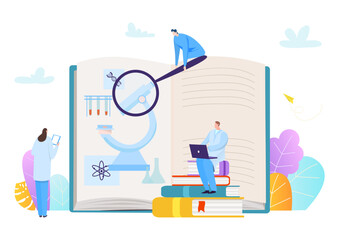 Research associate medical course education, tiny character obtain knowledge therapeutic learning flat vector illustration, isolated on white.