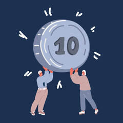 Vector illustration of people carries a big coin and business woman.