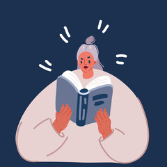 Vector illustration of Woman reading books. Distance studying, earning and self education concept.