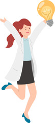 Paramedic or doctor or nurse woman happy jumping with light bulb with idea