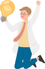 Paramedic or doctor or nurse man happy jumping with light bulb with idea