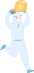 Paramedic or doctor or nurse wearing isolation gown with hands up with medical mask and light bulb with idea