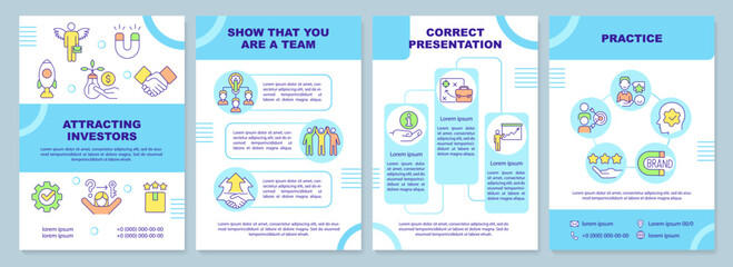 Attracting investors blue brochure template. Small business. Leaflet design with linear icons. Editable 4 vector layouts for presentation, annual reports. Arial-Black, Myriad Pro-Regular fonts used