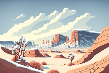 Desert valley landscape covered in snow, towering sandstone rock formation cliffs, distant mountains and cold winter clouds - generative AI. - obrazy, fototapety, plakaty