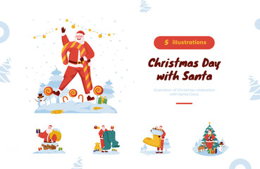 Celebrating Christmas with Santa claus flat illustration bundle pack