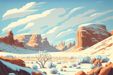 Fototapeta na wymiar Desert valley landscape covered in snow, towering sandstone rock formation cliffs, distant mountains and cold winter clouds - Generative Ai