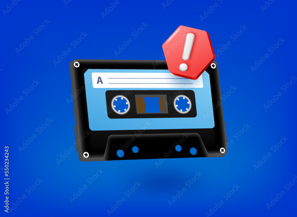 Poster retro audio cassette with stop sign. 3d vector illustration