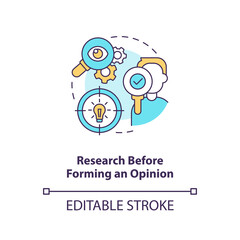 Research before forming opinion concept icon. Overcoming confirmation bias tip abstract idea thin line illustration. Isolated outline drawing. Editable stroke. Arial, Myriad Pro-Bold fonts used