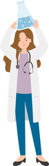 Paramedic or doctor or scientist woman raising hands with glass beaker, experiment and chemistry