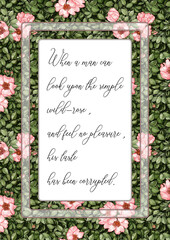 Rectangle frame ornate with watercolor hand drawn pink wild roses pattern. Square template for greeting cards, invitations or placeholder cards.