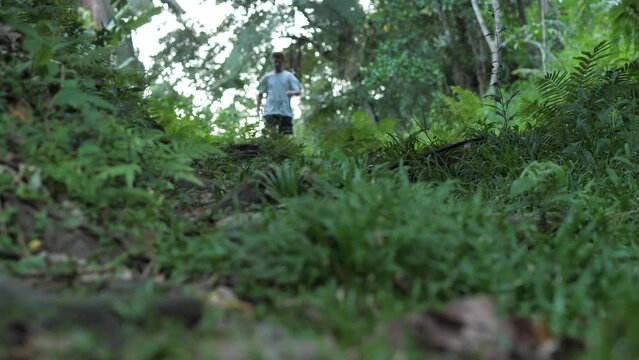 Counfused Male Tourist Running Lost in Tropical Rainforest in Bali Alone.