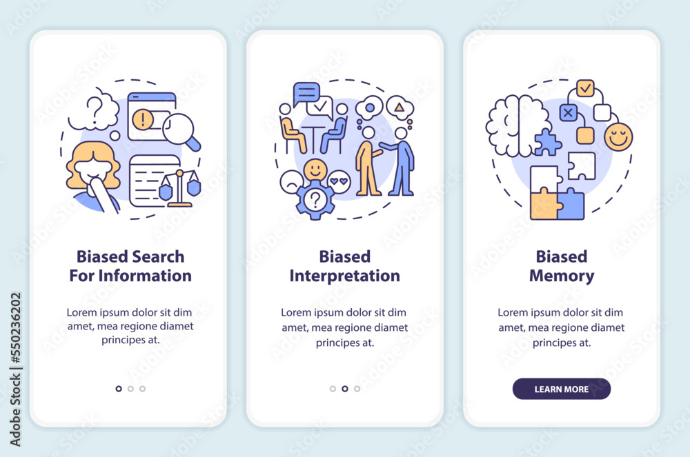 Poster types of confirmation bias onboarding mobile app screen. walkthrough 3 steps editable graphic instru