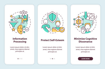 Explanations of confirmation bias onboarding mobile app screen. Walkthrough 3 steps editable graphic instructions with linear concepts. UI, UX, GUI template. Myriad Pro-Bold, Regular fonts used