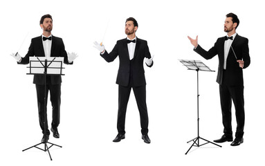 Collage with photos of professional conductor with baton on white background