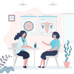 Woman at a medical appointment with gynecologist. Female patient discusses reproductive problems and menopause with the doctor. Health care, medical office interior. - obrazy, fototapety, plakaty