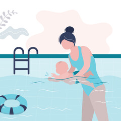 Cute woman holds small child and teaches to swim in the pool. Mom with baby learn to swim, lesson in pool. Family learning, activity for newborn. Sport, hobby.