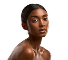 Portrait of a beautiful young woman posing against an isolated transparent png background.