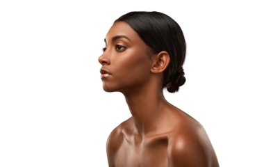 Side shot of a beautiful young woman posing against an isolated transparent png background.