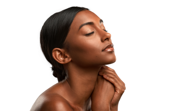 Side shot of a beautiful young woman posing against an isolated transparent png background.