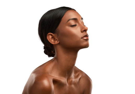 Side shot of a beautiful young woman posing against an isolated transparent png background.