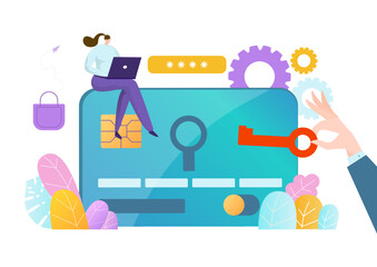 Personal data protection password, tiny character woman with laptop sitting credit card flat vector illustration, isolated on white.