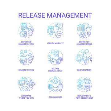 Release management blue gradient concept icons set. Startup launch. Web development process idea thin line color illustrations. Isolated symbols. Roboto-Medium, Myriad Pro-Bold fonts used