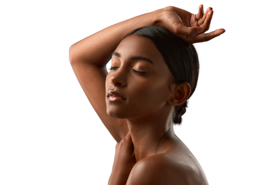 Side shot of a beautiful young woman posing against an isolated transparent png background.