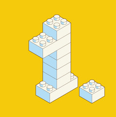 Number 1 from Plastic building blocks. Colored bricks are isolated on white background. Vector 3d illustration.