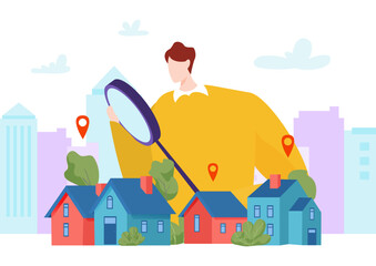 Real estate male agent hold magnifying glass, search property apartment house flat vector illustration, residential area region.
