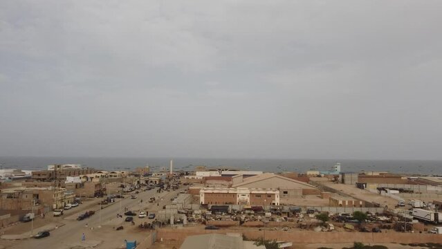 Drone jib shot of the Port P&egrave;che in Nouakchott, Mauritania.