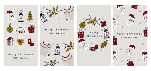 Christmas and New year cards with Christmas tree, wreath, christmas elements. Vecto - 550238812