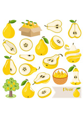 Set of digital elements with fresh yellow pear