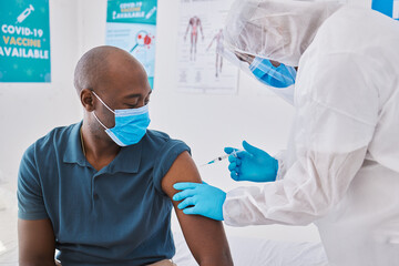 Covid vaccine, injection and disease cure given with needle and syringe by a doctor in a clinic. Patient getting a flu jab, antiviral shot and health treatment to boost immunity and prevent illness - obrazy, fototapety, plakaty