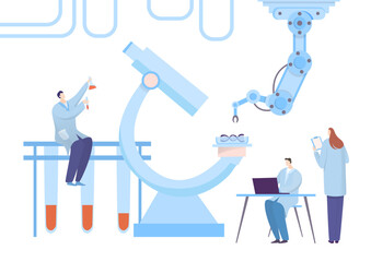 Research laboratory workplace, tiny professional character research scientist specialist worker flat vector illustration, isolated on white.
