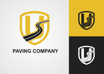 Initial U Letter with Street Asphalt, Paving and Shield for Construction Business Logo Template idea. Maintenance Roadwork