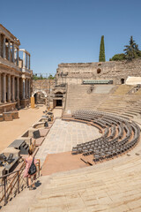Tiers of the Roman theater of Merida a typical sunny day of Badajoz, Extremadura, Spain